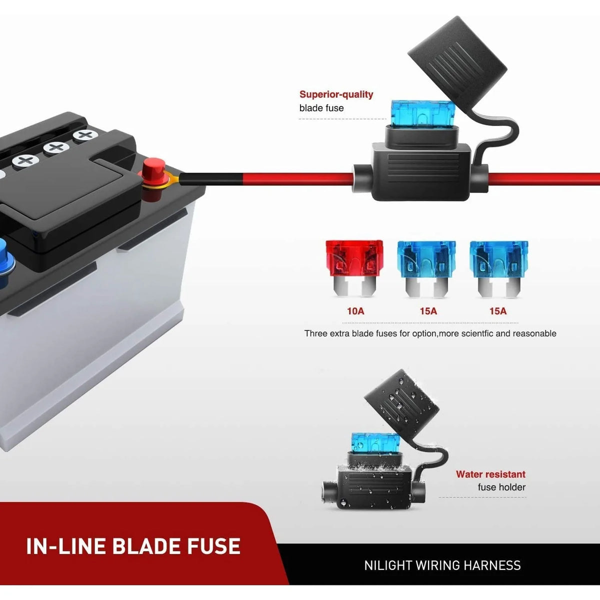 In-line blade fuse for a night wiring harness kit with an on/off switch and relay.