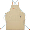 A beige cotton canvas apron with adjustable straps and multiple pockets for kitchen or salon use.