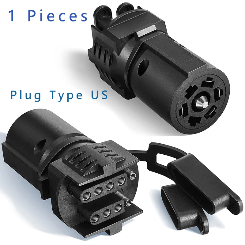 Black 2-in-1 trailer plug adapter featuring a 7-pin to 4/5-pin weatherproof connector.