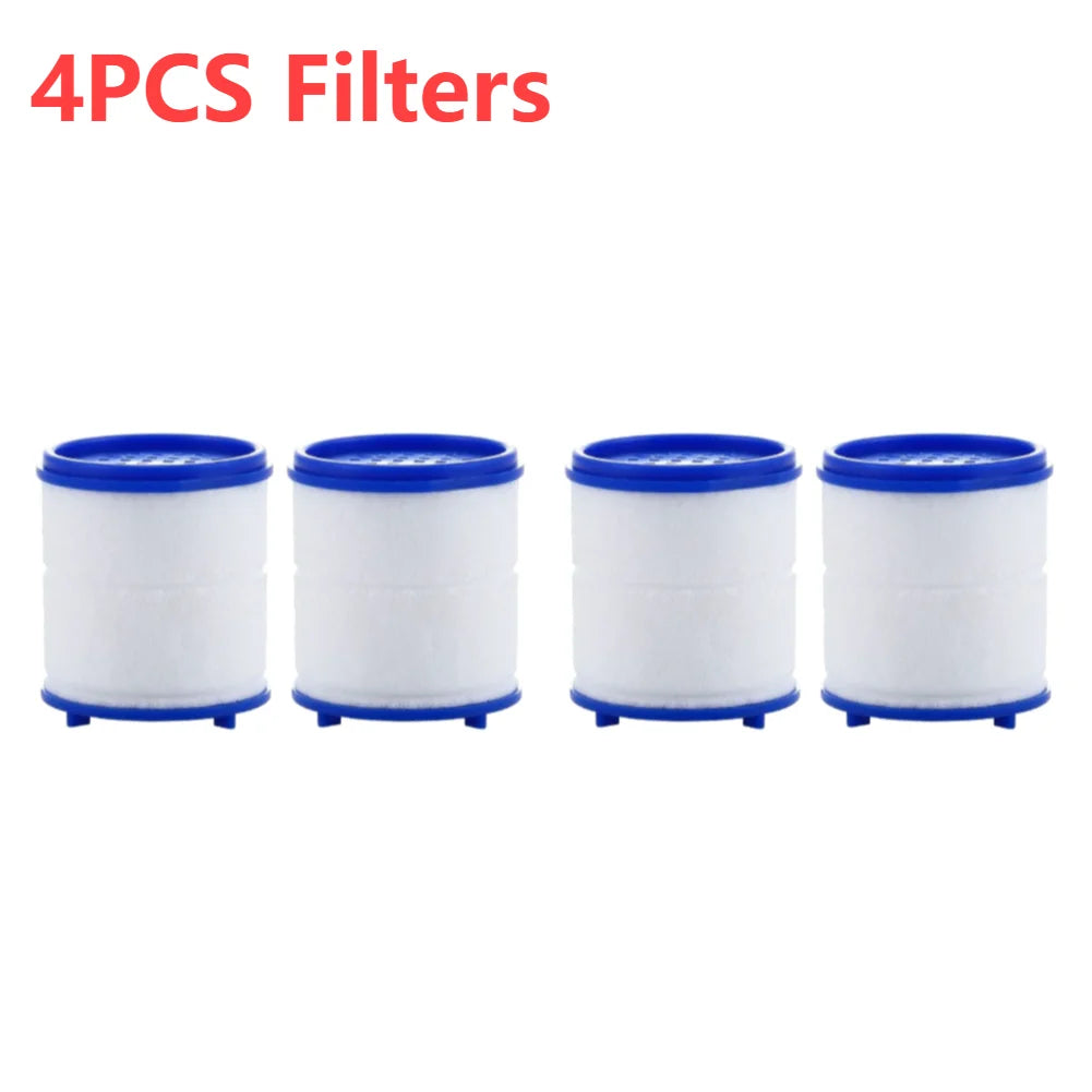 Four white and blue faucet water filters packaged together.