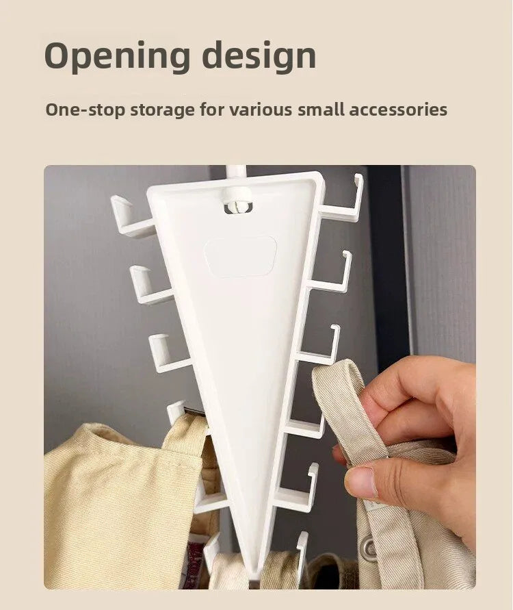 A white vertical opening design storage organizer with twelve hooks is shown being used to hang small accessories.