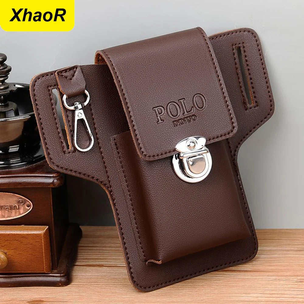 A brown PU leather waist bag with a flap and buckle is shown next to a watch.