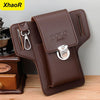 A brown PU leather waist bag with a flap and buckle is shown next to a watch.