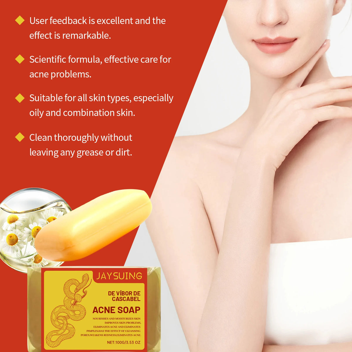 A bar of acne soap is shown next to text describing its benefits and usage for oily and combination skin.