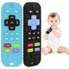 A silicone teething remote for babies with blue and black buttons shown next to a baby