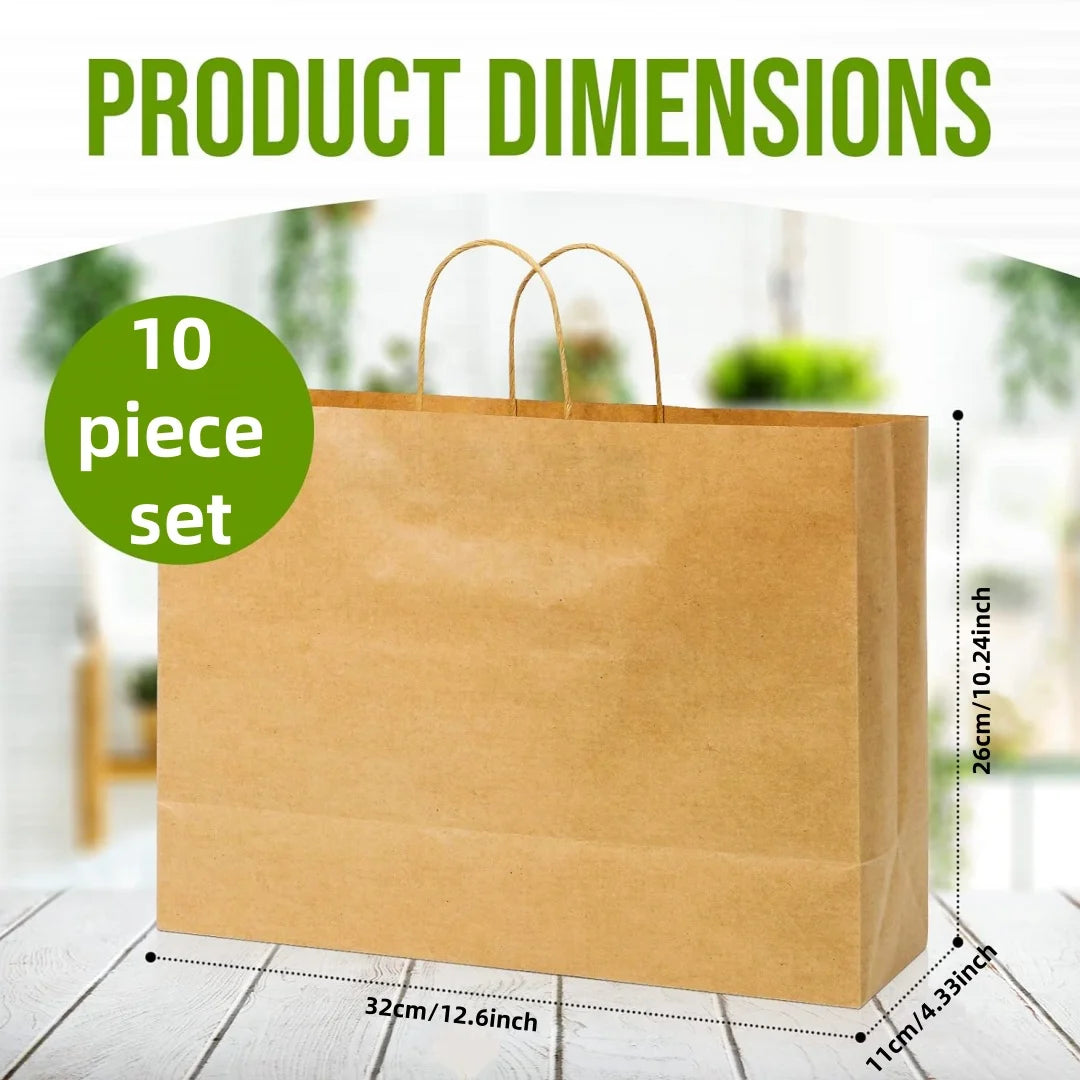 A brown kraft paper shopping bag with handles is shown next to a measurement scale.