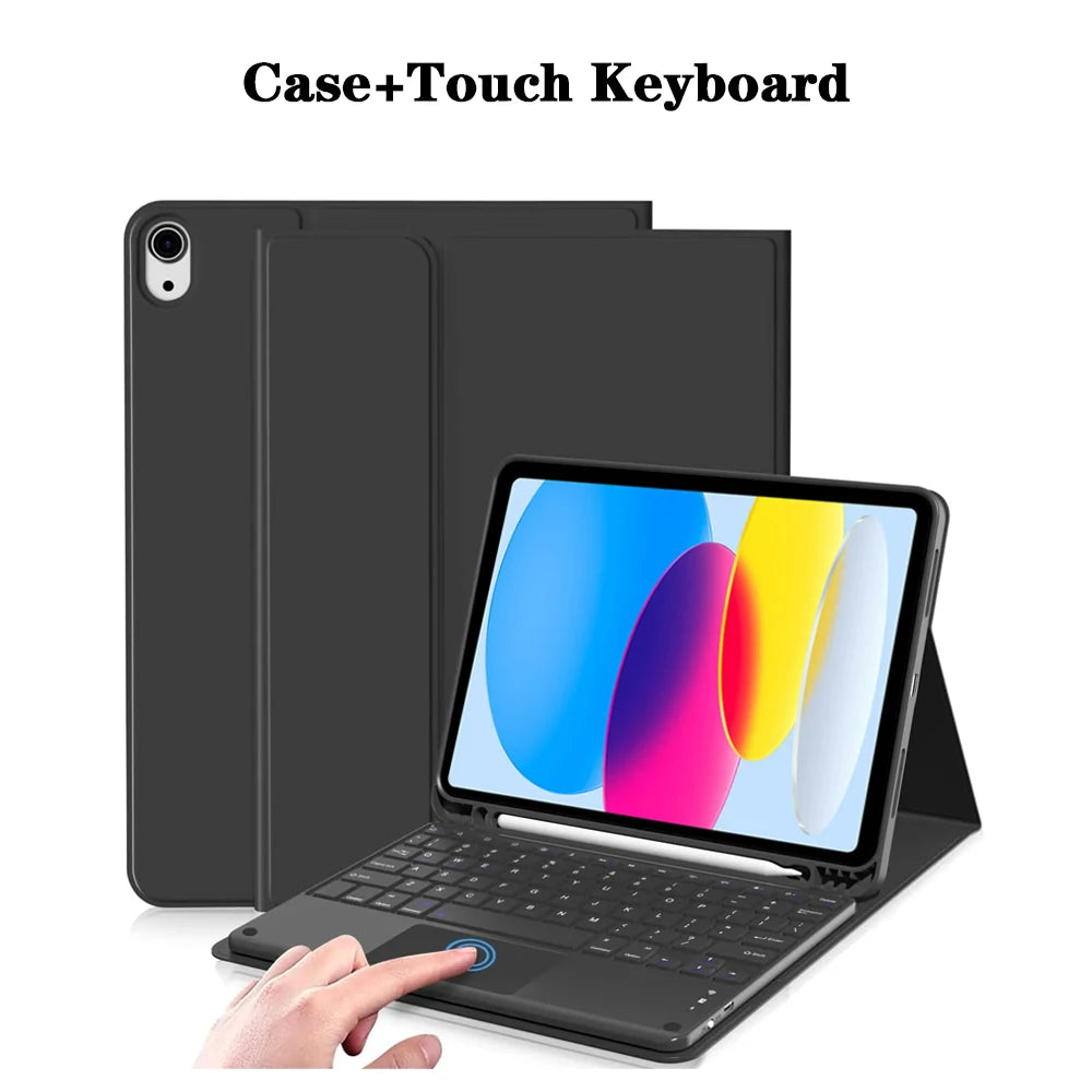 A black case with a detachable touch keyboard is shown next to an iPad.