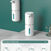 A white wall-mounted desktop soap dispenser is shown against a teal wall, highlighting its features like punch free installat