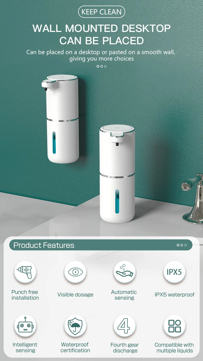 A white wall-mounted desktop soap dispenser is shown against a teal wall, highlighting its features like punch free installat