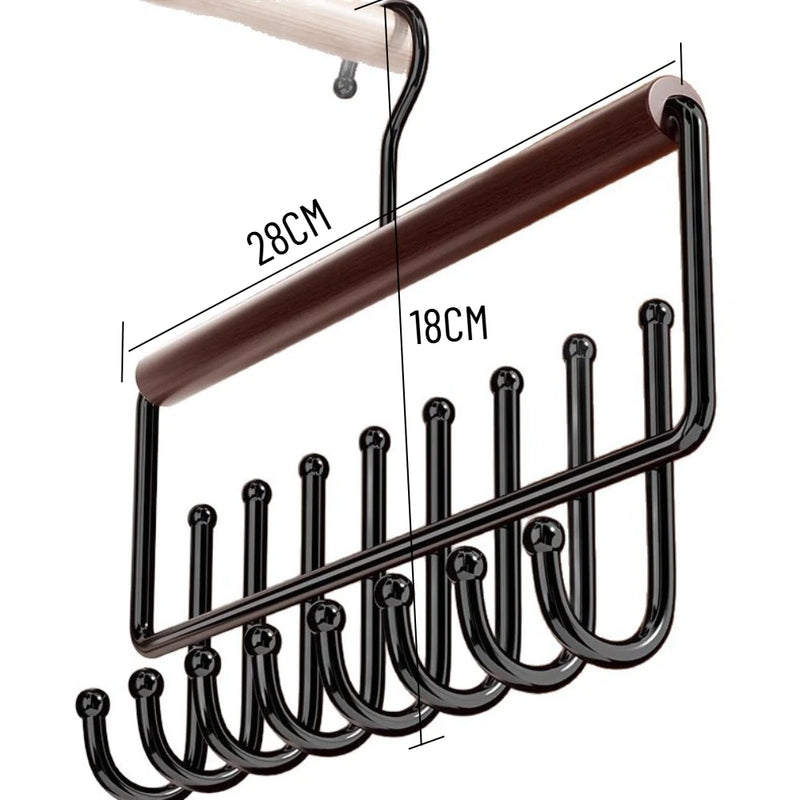 Wall-Mounted 8-Hook Organizer Rack (Iron & Wood)