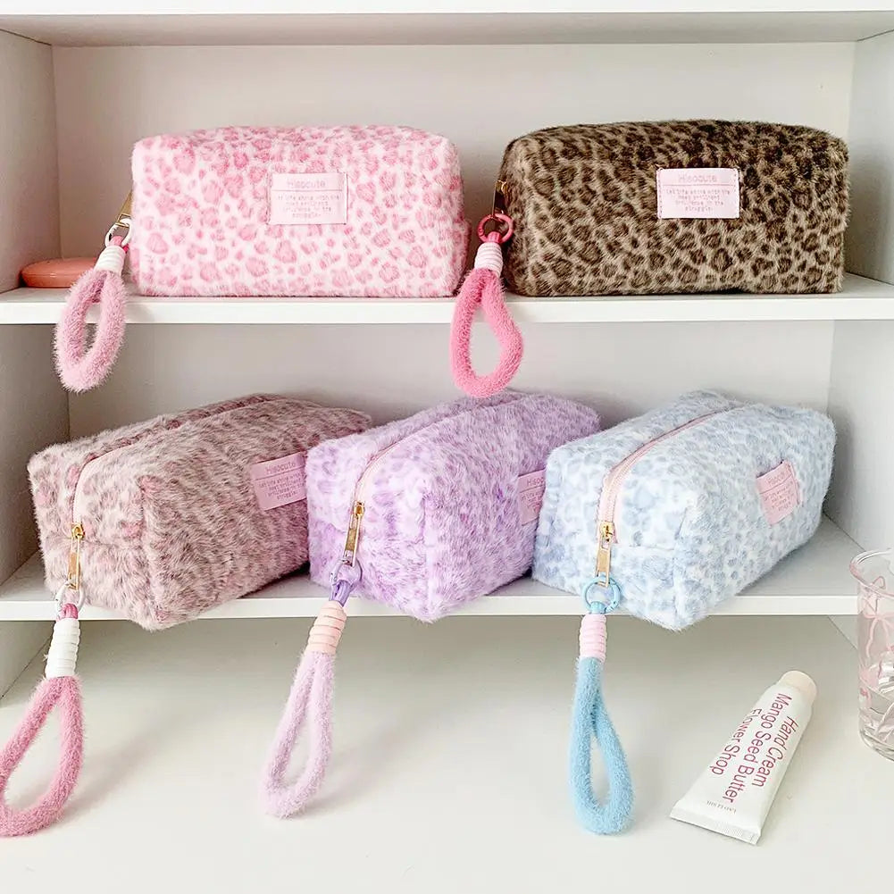 Leopard Print Plush Makeup Bag with Carry Handle