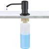 A black stainless steel pump liquid soap dispenser with a clear blue bottle underneath.