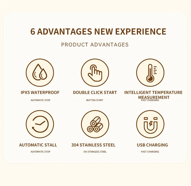 Six advantages of a product including waterproof features, double click start, temperature measurement, automatic stall, stai