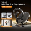 A black 3-in-1 suction cup mount featuring rotation and magnetic attachment modes for phones and tablets.