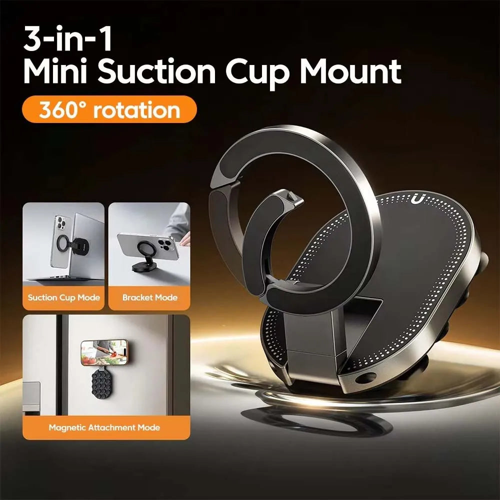 A black 3-in-1 suction cup mount featuring rotation and magnetic attachment modes for phones and tablets.