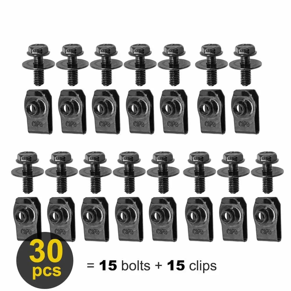 A set of 30 U-nut clips and bolts for engine cover and undertray fastening.