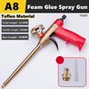 A gold and red foam glue spray gun with a Teflon material barrel and nozzle shown next to its disassembled parts.