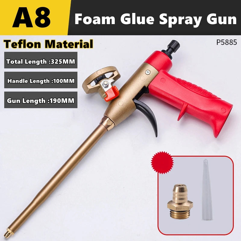 A gold and red foam glue spray gun with a Teflon material barrel and nozzle shown next to its disassembled parts.