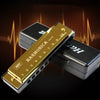 A gold-colored harmonica with 10 holes is shown alongside its protective case against a dark background.