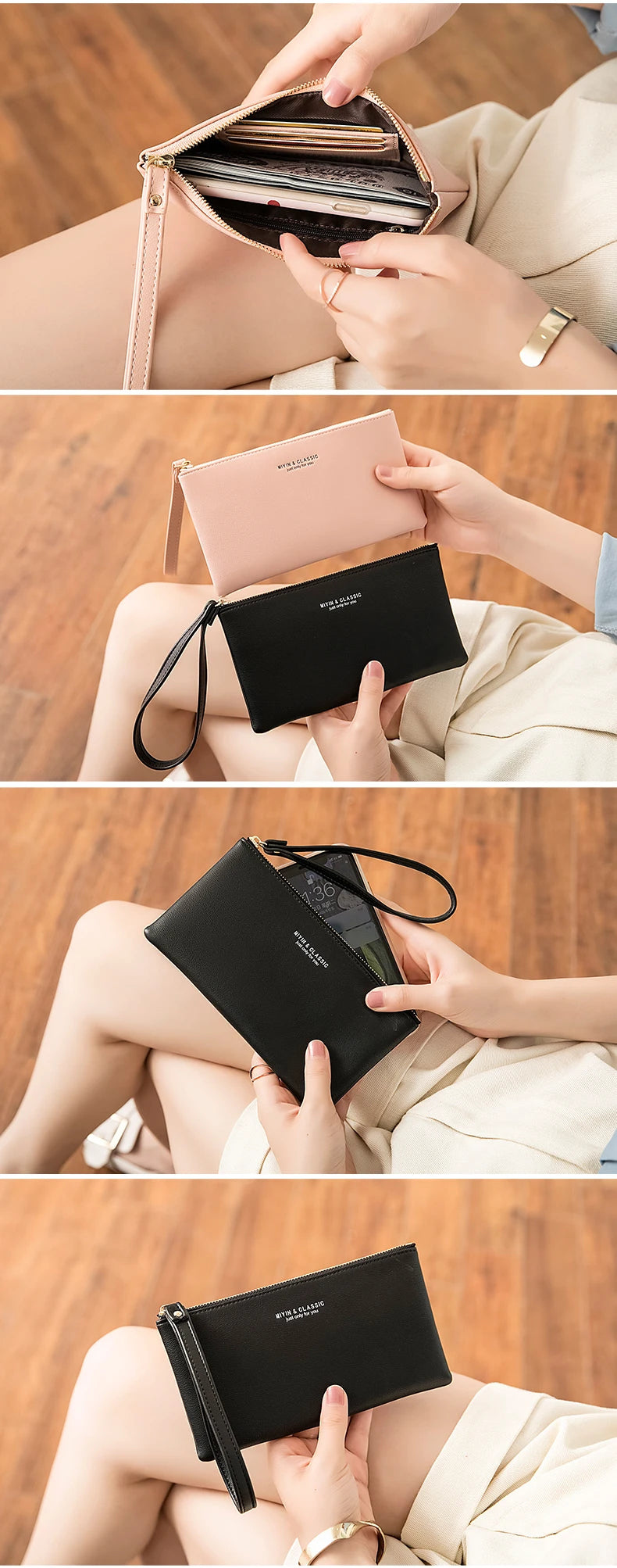 Slim PU Leather Zip-Around Wallet with Card and Phone Pockets