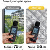 A hand holds a black thermal window film device showing noise reduction from 75 dB before use to 55 dB after use.