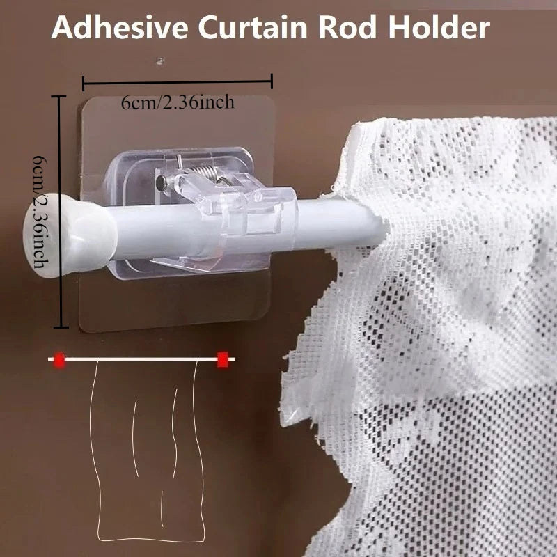 Adhesive curtain rod holder with brackets and a white rod shown against a brown wall.