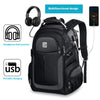 Black multifunctional laptop backpack featuring headphone hook and USB charging port.
