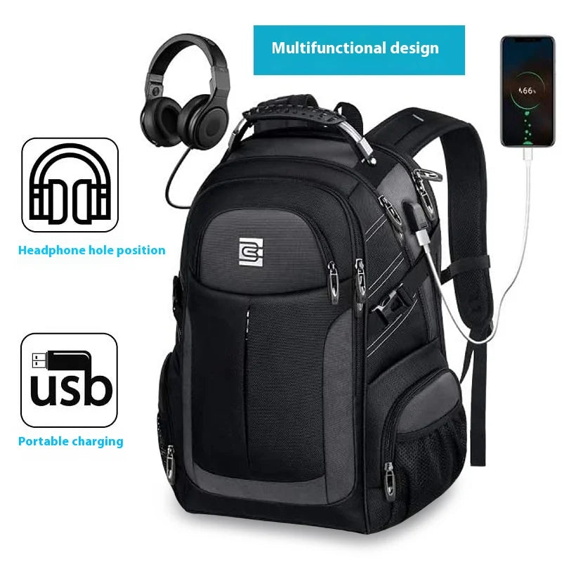 Black multifunctional laptop backpack featuring headphone hook and USB charging port.