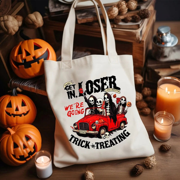 Halloween Canvas Tote Bag with 'Get in Losers' Print