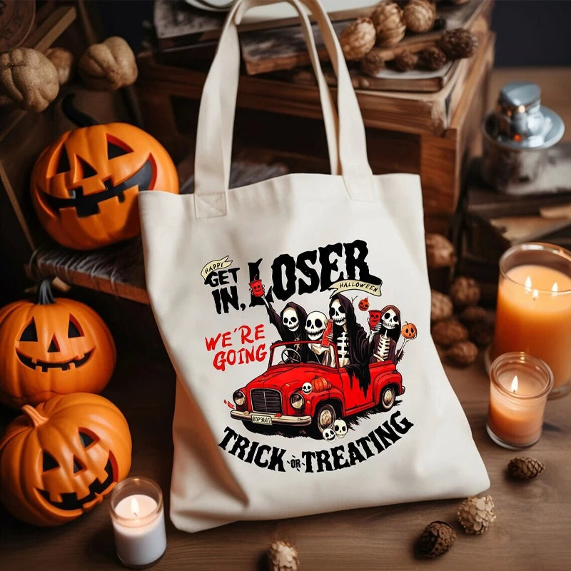 Halloween Canvas Tote Bag with 'Get in Losers' Print