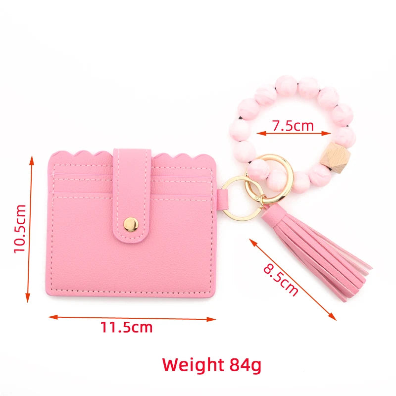 Silicone Bead Bracelet Leather Card Holder Wristlet