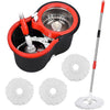 Set aus schwarzen und roten 360°-Spinmop mit verlängerten Griffen und Reinigungsköpfen.