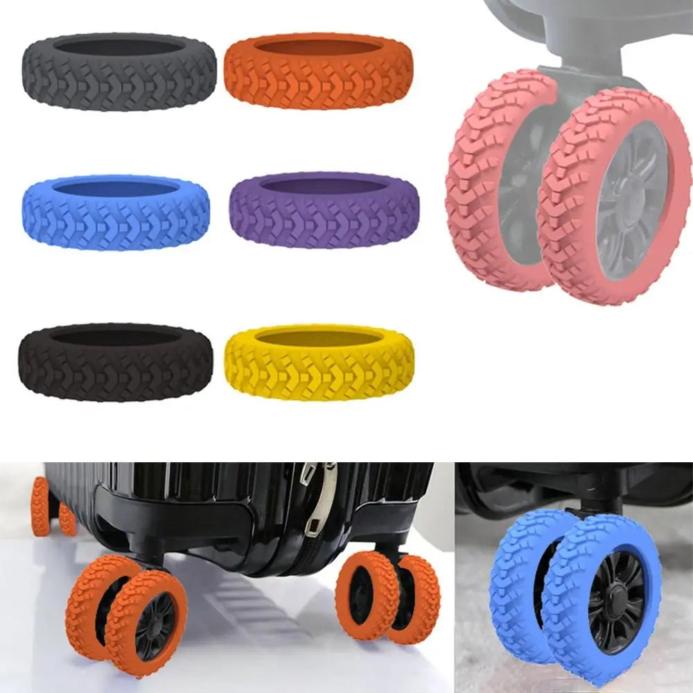 A set of silicone luggage wheel protectors in various colors including black, orange, blue, purple, and yellow.