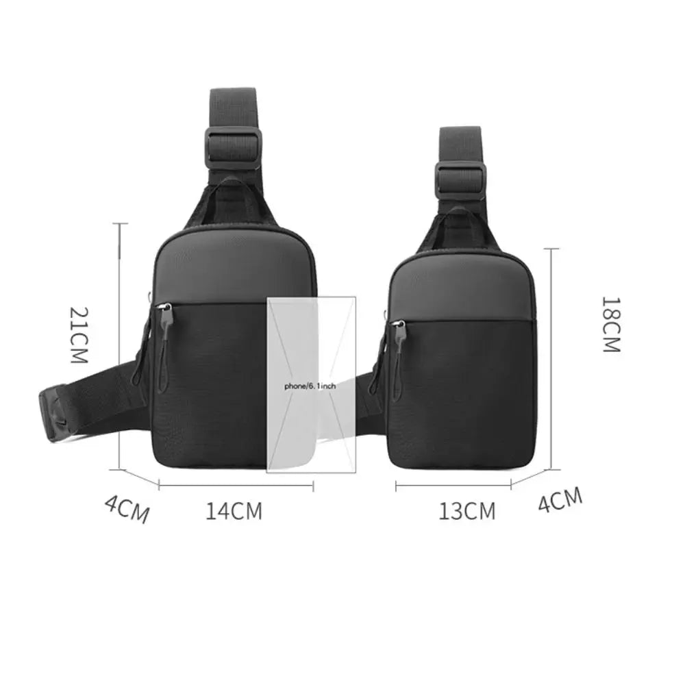 Black compact canvas crossbody sling bag for men shown with dimensions.
