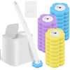 A disposable toilet brush kit featuring a white holder, a brush, and three colored foam holders for cleaning.