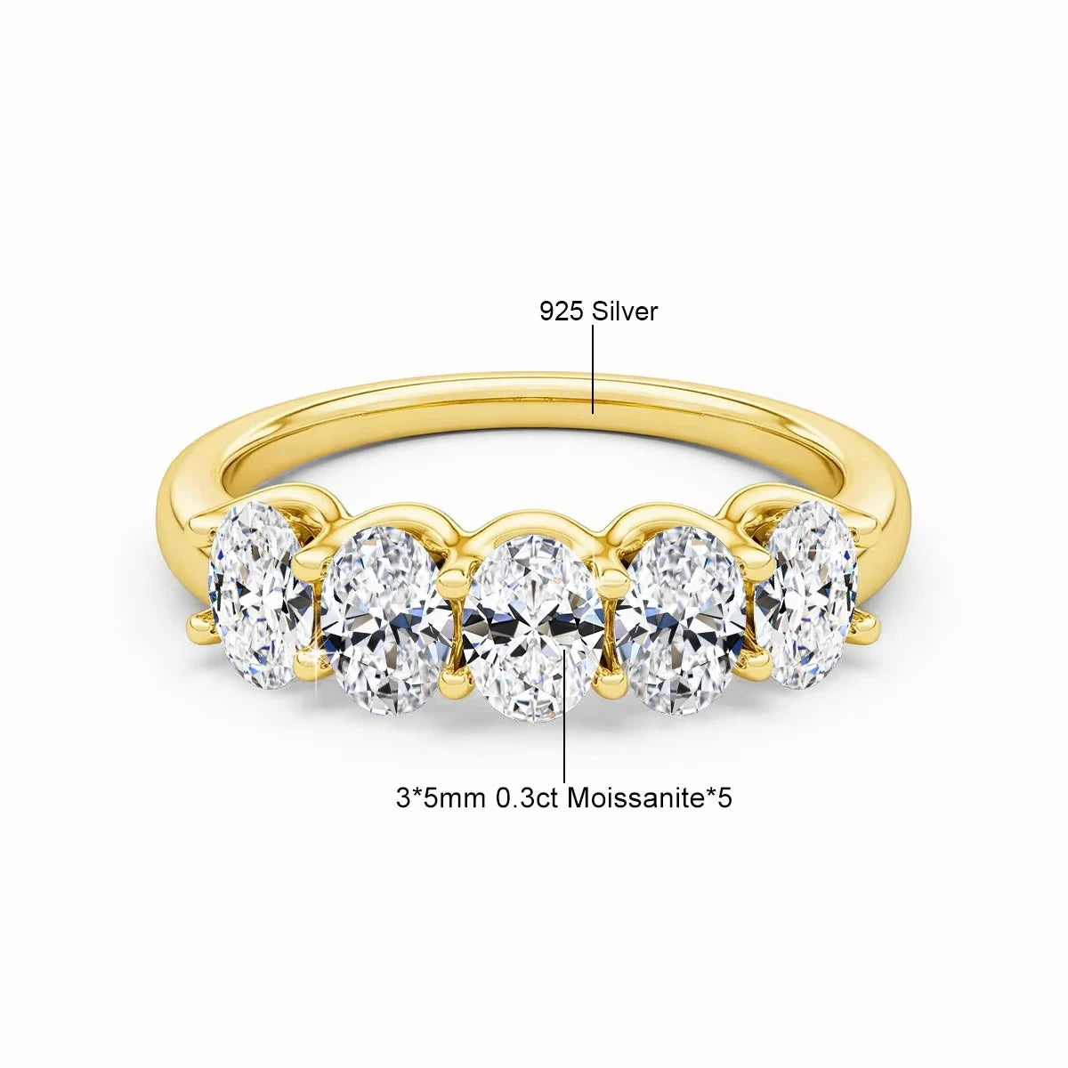 Bague en or avec une bande et cinq pierres ovales en moissanite.