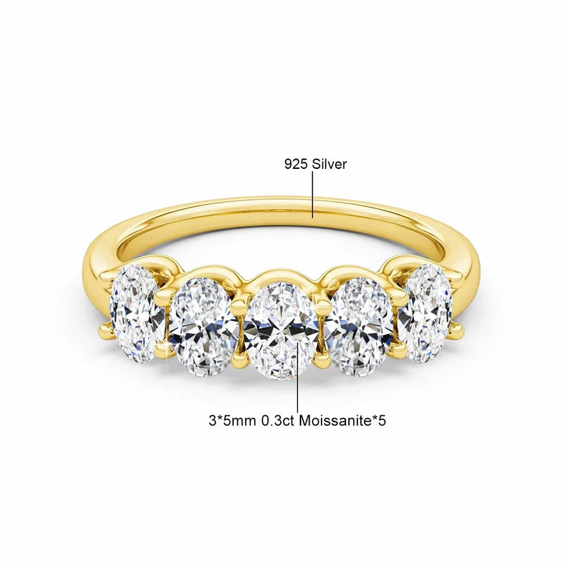 Oval Moissanite Five-Stone Ring in Solid 14K Yellow Gold