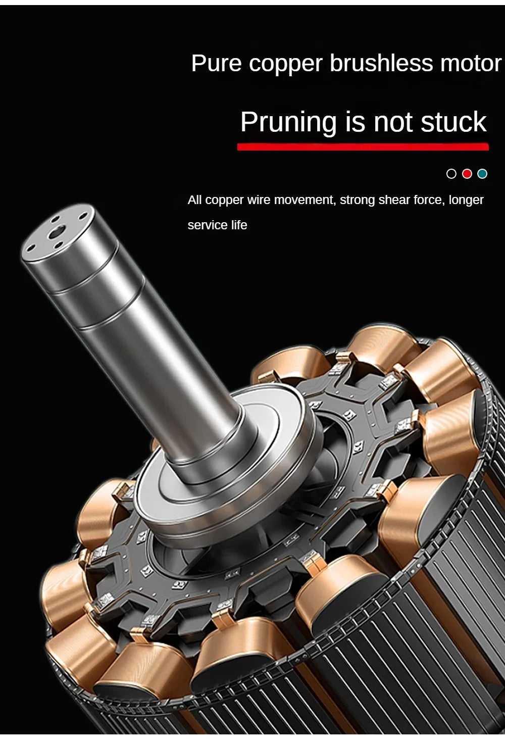 Close-up view of a pure copper brushless motor and internal components of an electric pruning shear tool.