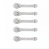 Five white child safety cabinet locks for drawers and doors arranged in a vertical line.