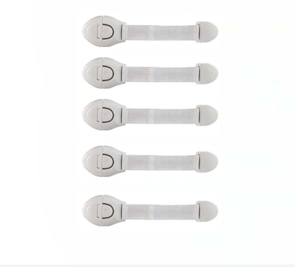 Five white child safety cabinet locks for drawers and doors arranged in a vertical line.