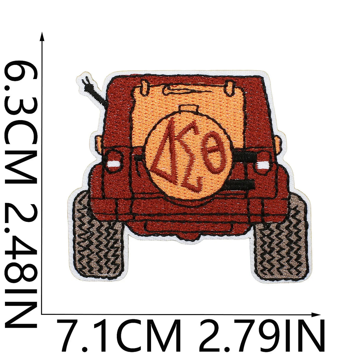 An embroidered patch featuring a vintage-style vehicle with the letters AST engraved on the front.