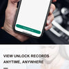 A hand holds a smartphone displaying an intelligent linkage control lock dynamics interface.