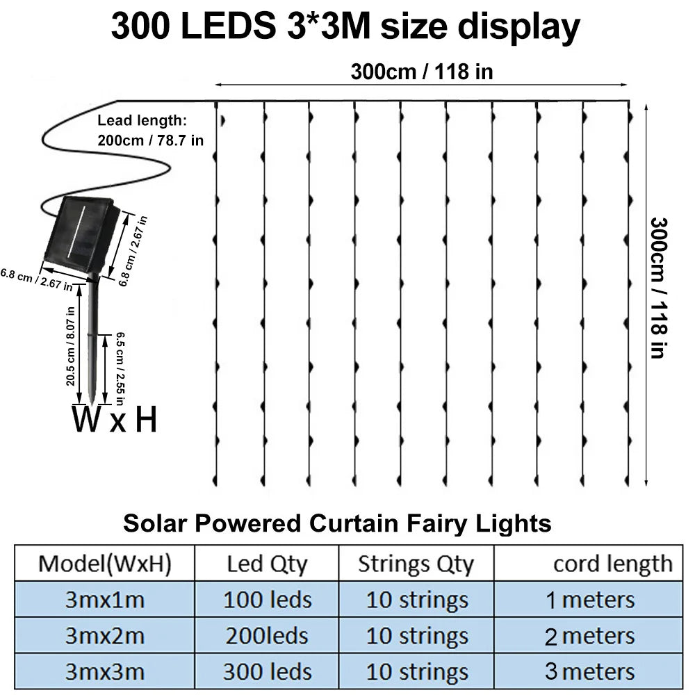 Display of 300 LEDs in a 3x3 meter size curtain light featuring multiple string options.
