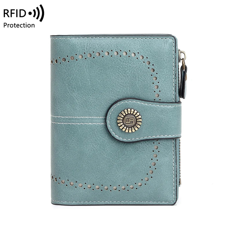 A teal leather wallet with multiple card slots and RFID protection features.