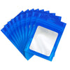 A stack of 50 blue Mylar ziplock bags with clear windows for jewelry and small item packaging.