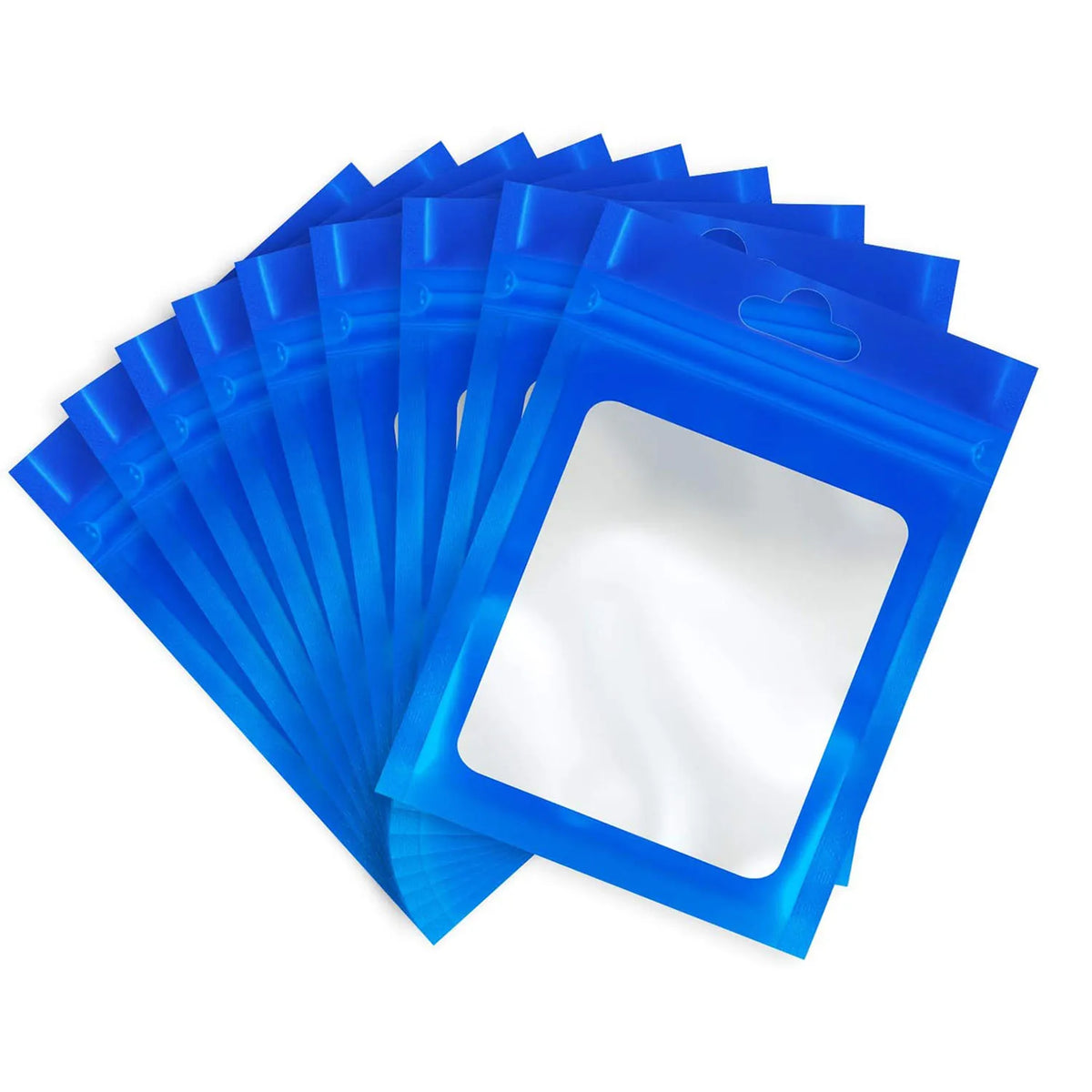A stack of 50 blue Mylar ziplock bags with clear windows for jewelry and small item packaging.