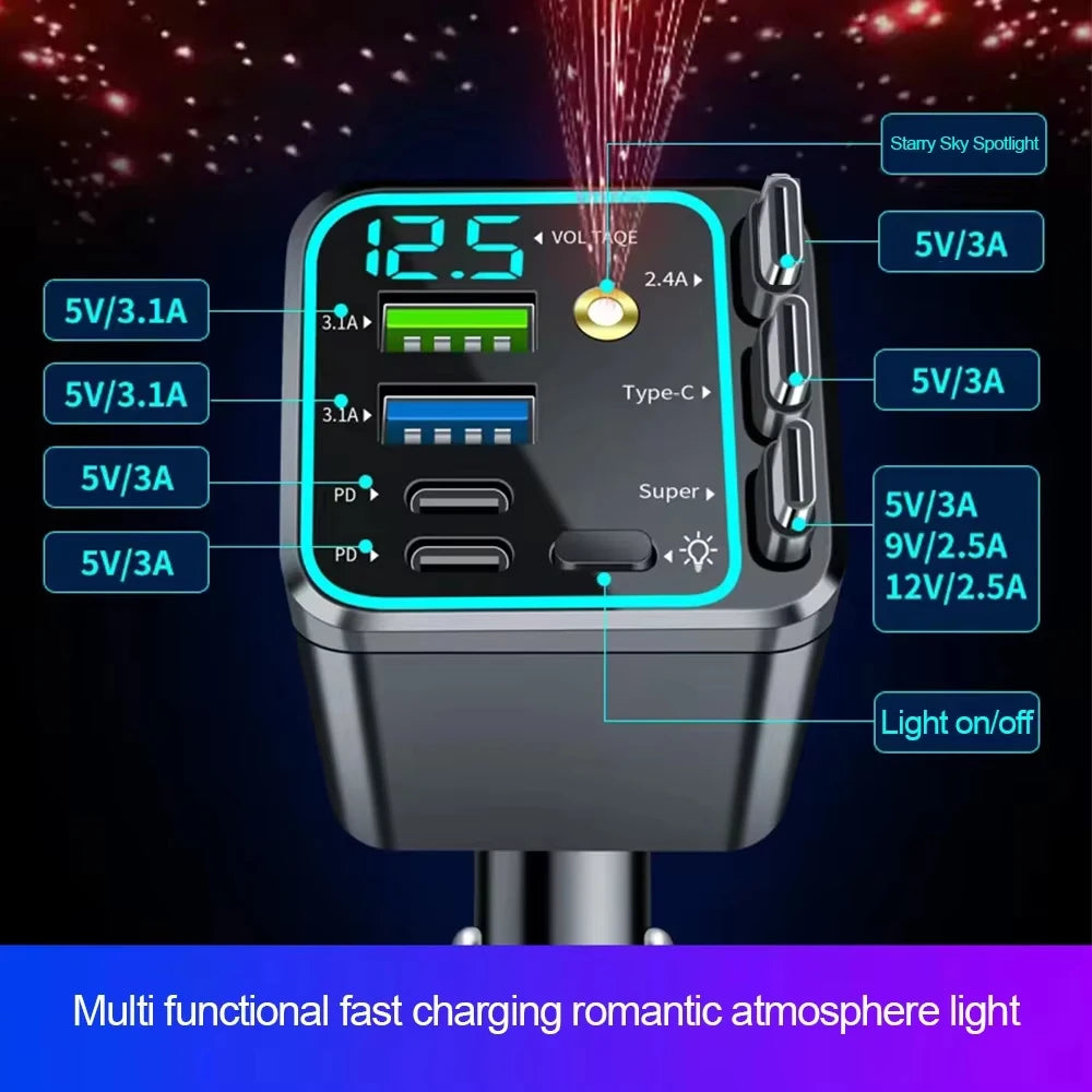 7-in-1 120W Car Charger with Retractable Cables and Digital Voltmeter