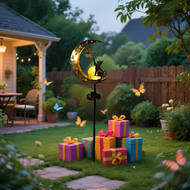 Luz Solar de Jardín con Silueta de Gato y Luna