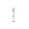 A clear glass refillable fine mist spray bottle with a white cap, showing dimensions 10.9 by 2.6 cm and a 25ml capacity.