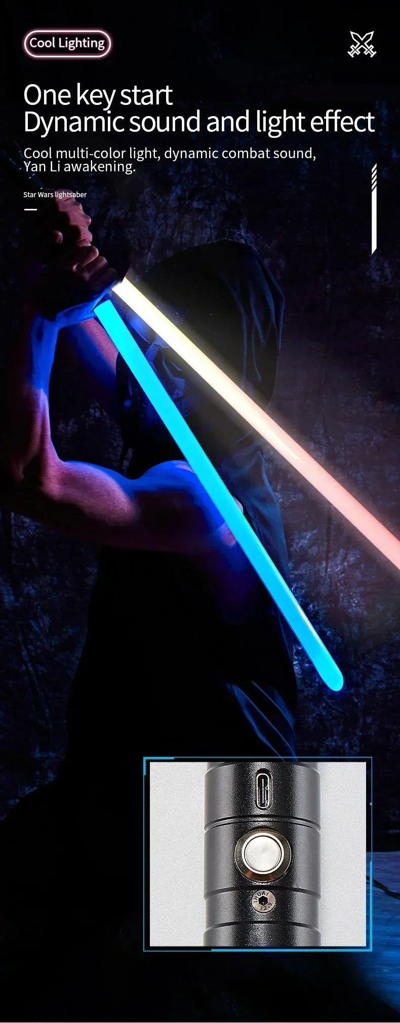 A person holds a glowing blue lightsaber, demonstrating dynamic light and sound effects.